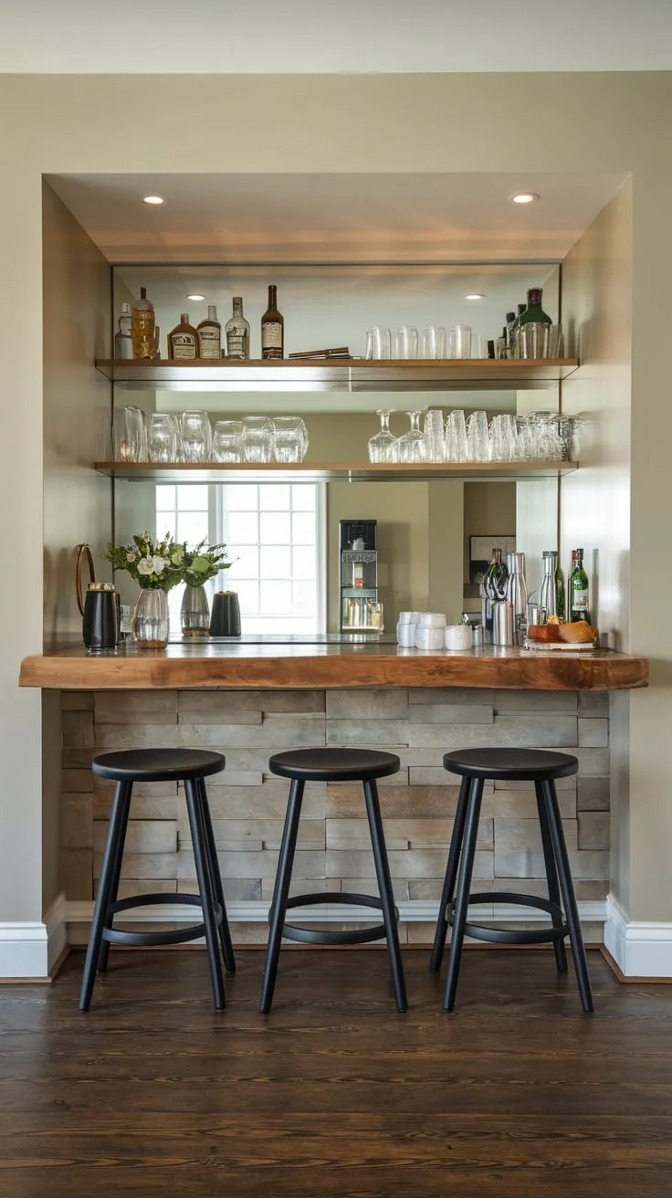 Elegant Basement Dry Bar with Wooden Counter and Stools