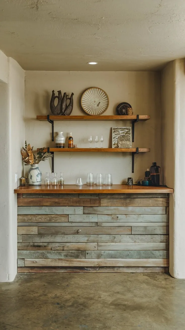 Charming Basement Dry Bar with Wooden Countertop Decor