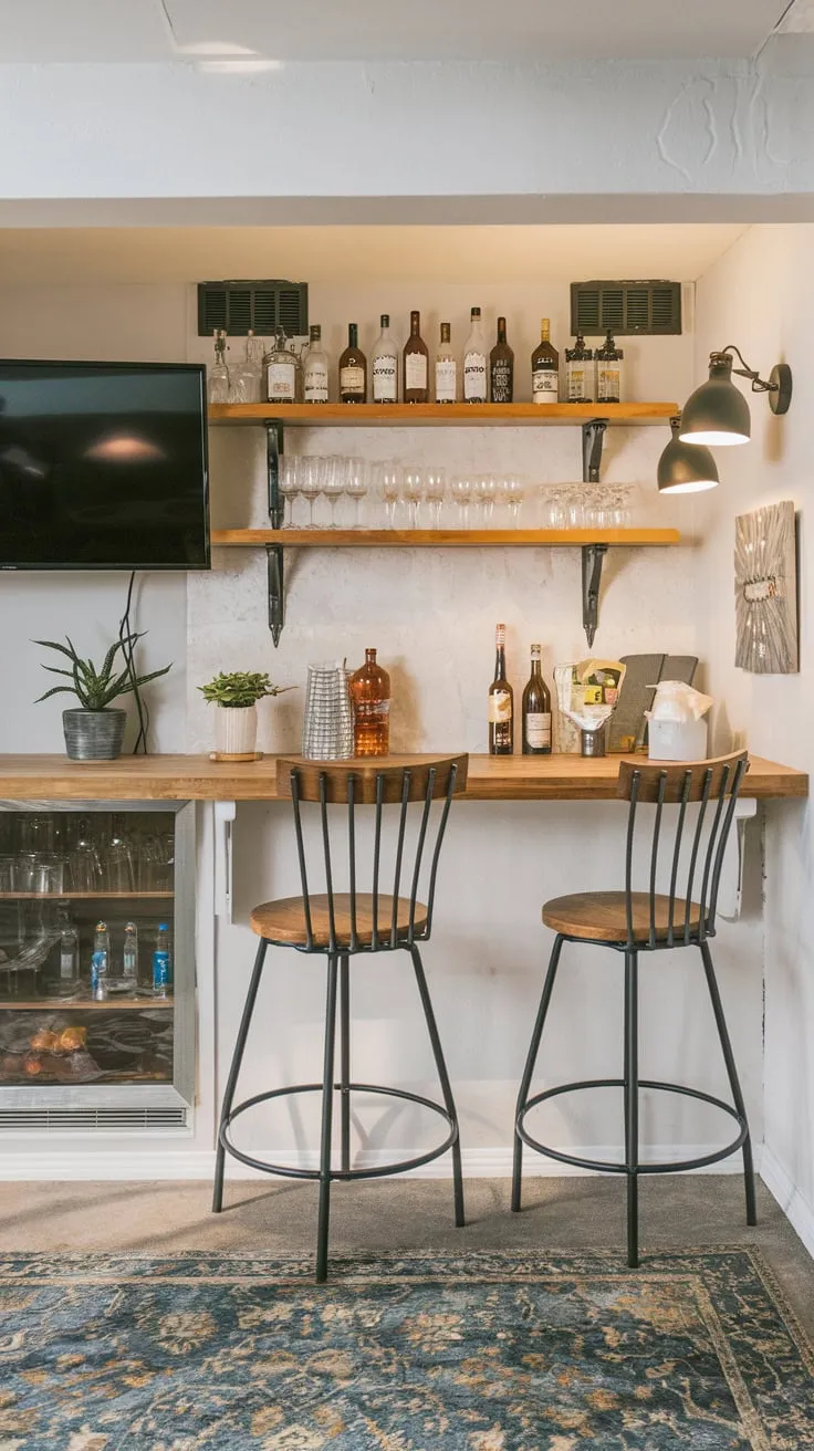 Stylish Basement Dry Bar with Cozy Decor Elements