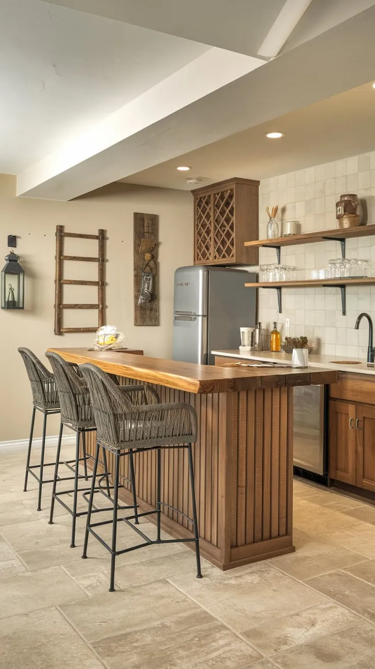 Charming Basement Dry Bar with Rustic Wooden Accents