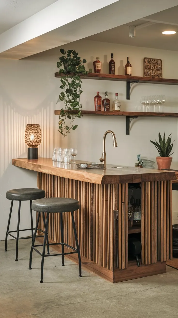 Charming Basement Dry Bar with Wooden Counter Design