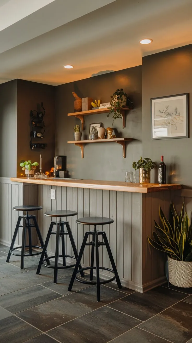 Stylish Basement Dry Bar with Wooden Countertop Elegance