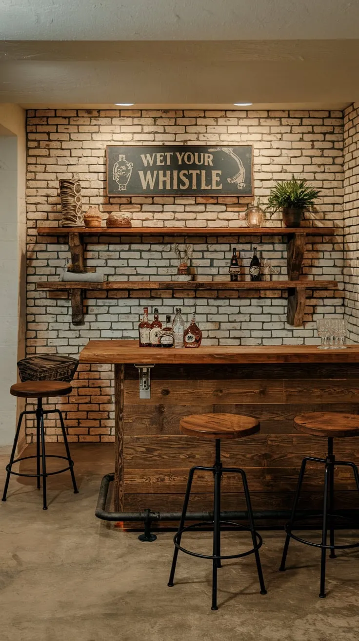Rustic Basement Dry Bar with Vintage Charm and Warmth