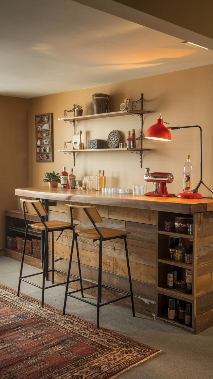 Charming Basement Dry Bar with Warm Ambiance Decor