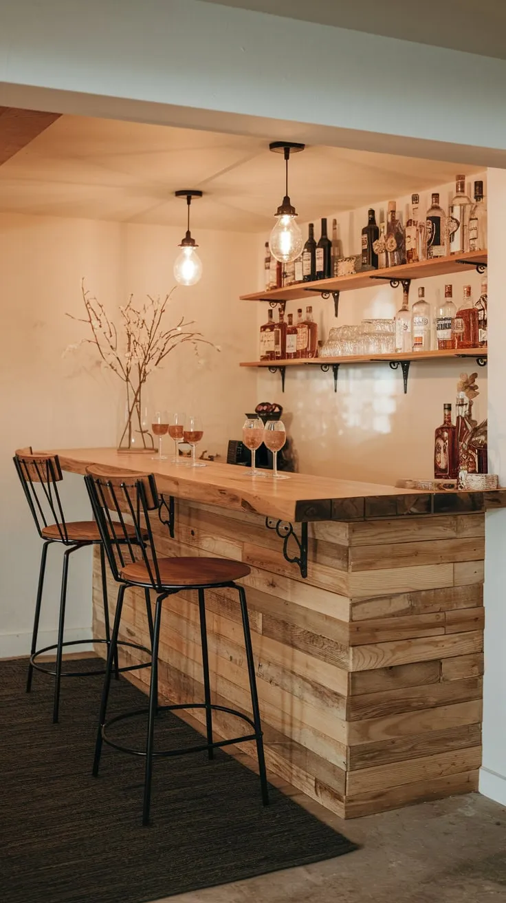 Inviting Basement Dry Bar with Warm Lighting Ambiance