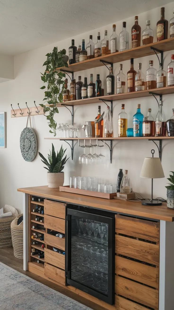 Elegant Basement Dry Bar with Wooden Counter Design