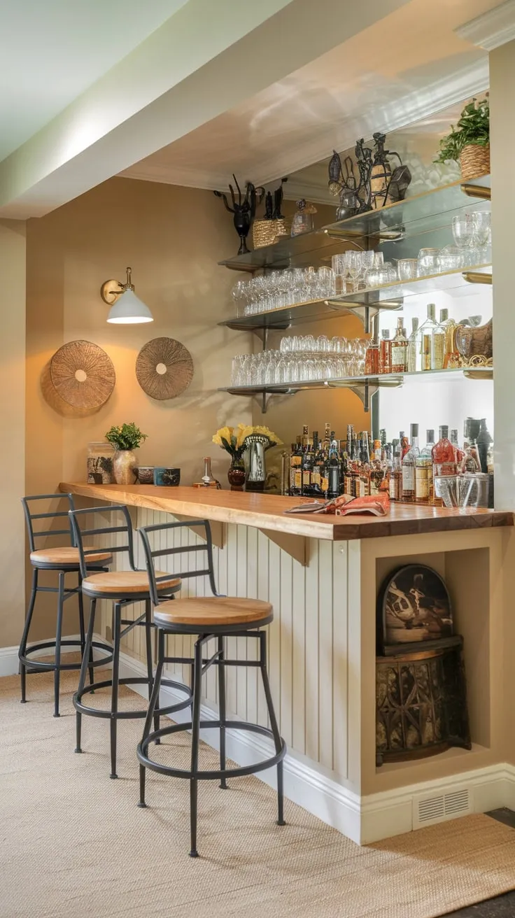 Charming Basement Dry Bar with Elegant Wooden Accents