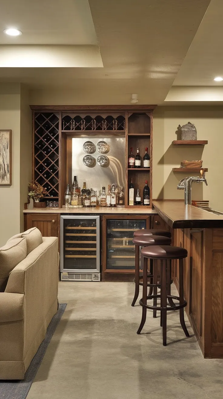 Escape the everyday in this expertly crafted basement lounge.  The pub-style dry bar, complete with a beer tap, wine storage, spirits cabinet, and ample bar furniture, including comfortable bar stools, is the perfect setting for home entertainment. This basement renovation showcases clever bar design and smart use of space, creating a sophisticated cocktail bar and drink station ideal for home brewing enthusiasts.  The beverage center ensures everyone stays refreshed.