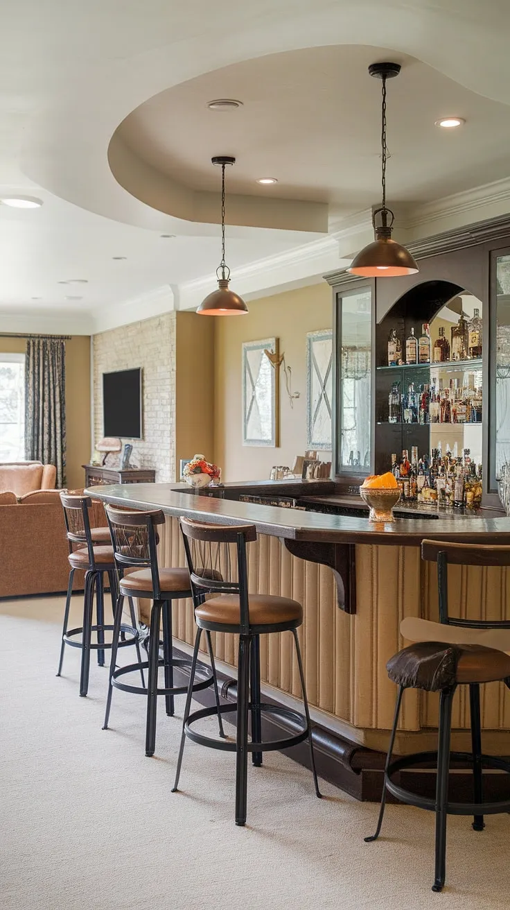 Escape to your own personal oasis with this stunning basement bar.  This wet bar design boasts a classic pub style, featuring a dark wood countertop and comfortable bar stools.  The thoughtful basement bar ideas include dedicated wine storage, a spirits cabinet, and all the bar accessories a discerning host could desire.  Perfect for home entertainment, this basement lounge offers a sophisticated drink station and beverage center, making it the ideal man cave bar or cocktail bar for relaxing evenings.  The bar furniture and bar decor complete the transformation, showcasing a successful basement renovation.