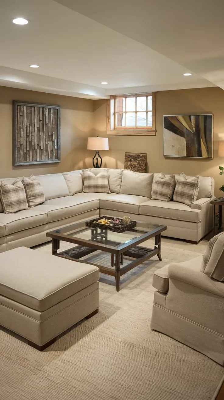 Cozy Beige Basement Entertainment Room with Stylish Decor