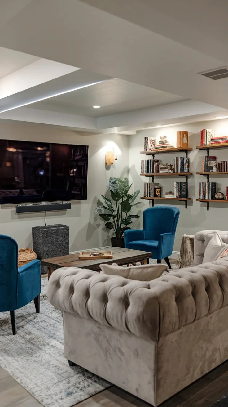 Cozy Basement Entertainment Room with Plush Seating