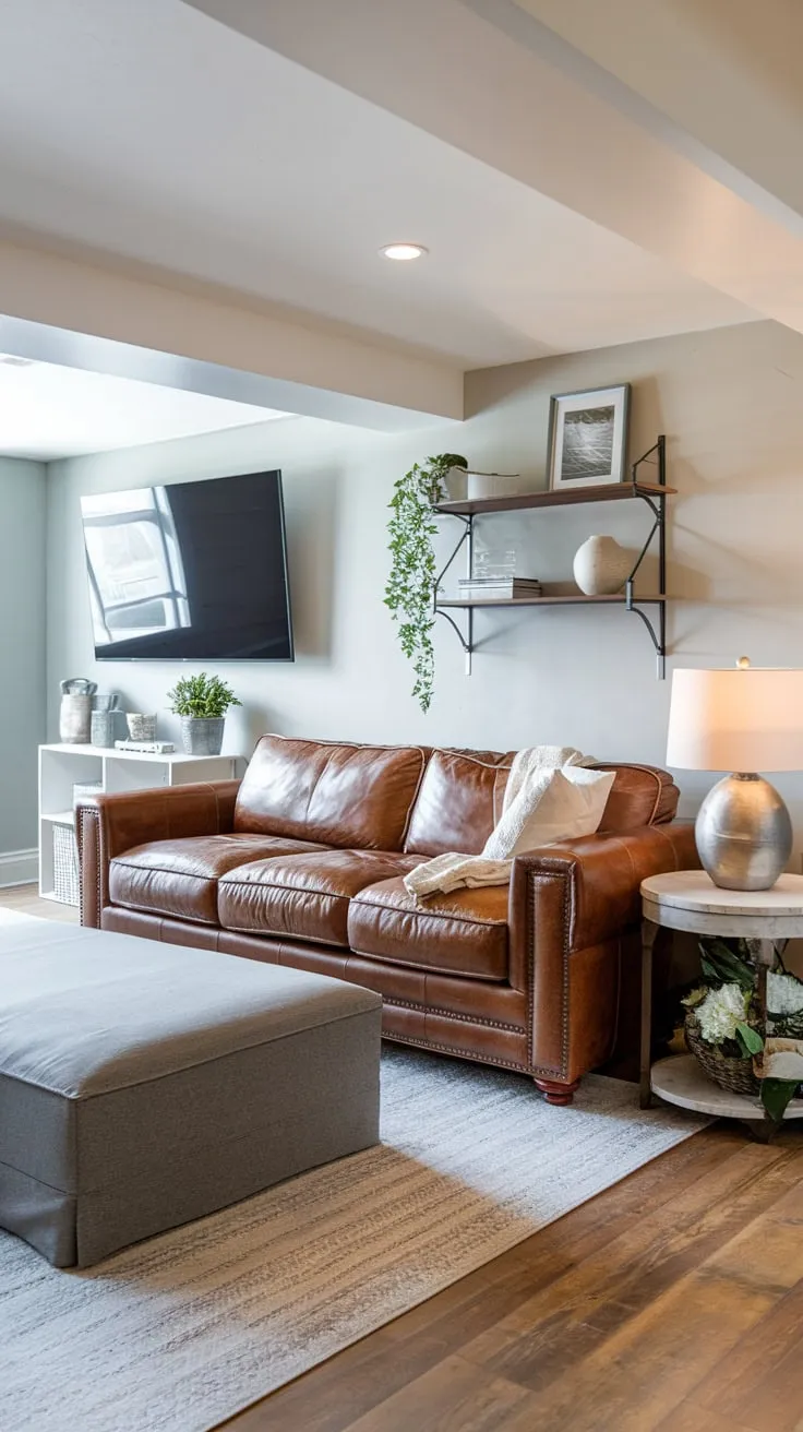 Cozy Basement Entertainment Room with Stylish Furnishings