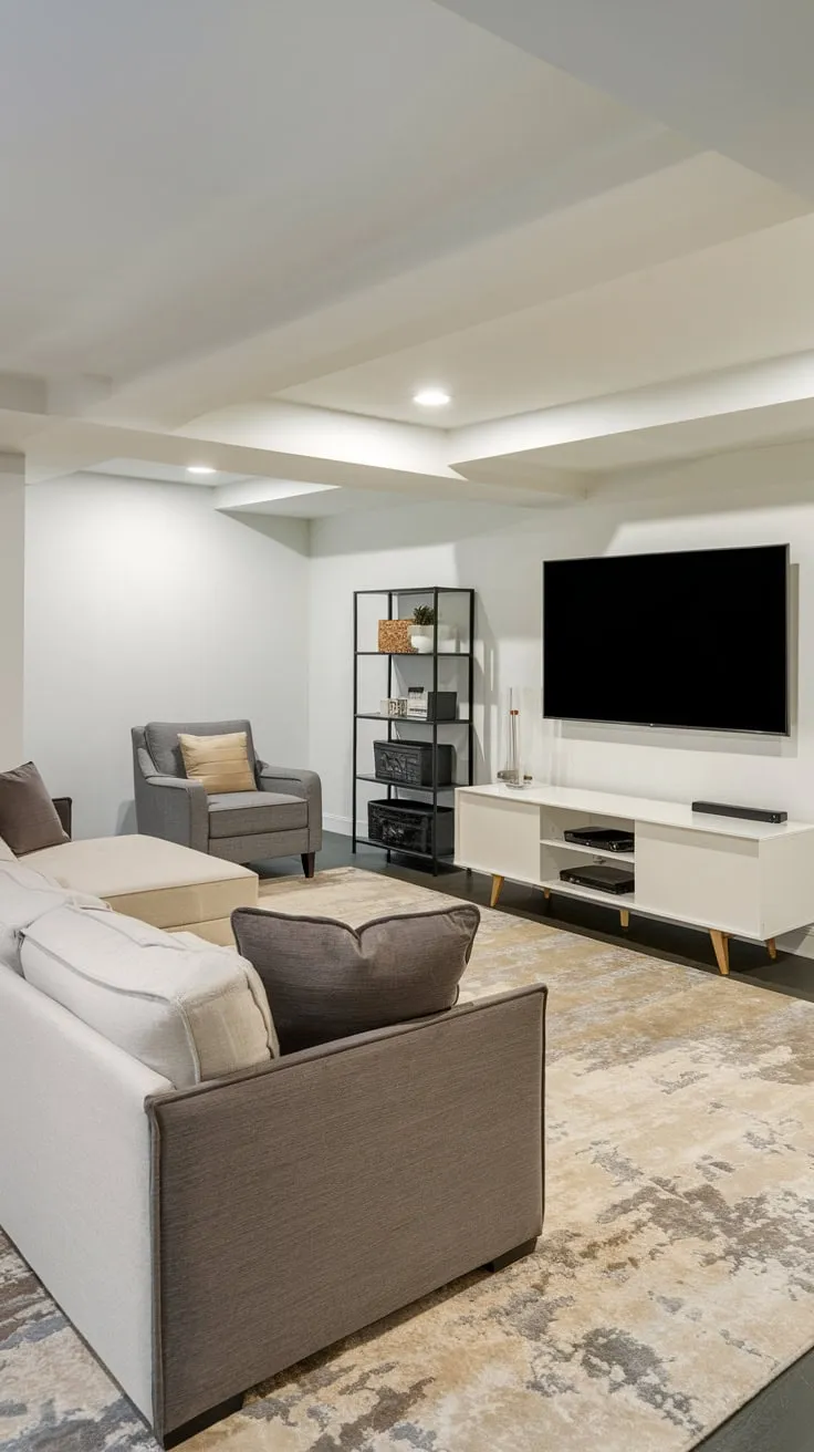 Modern Basement Entertainment Room with Stylish Comfort