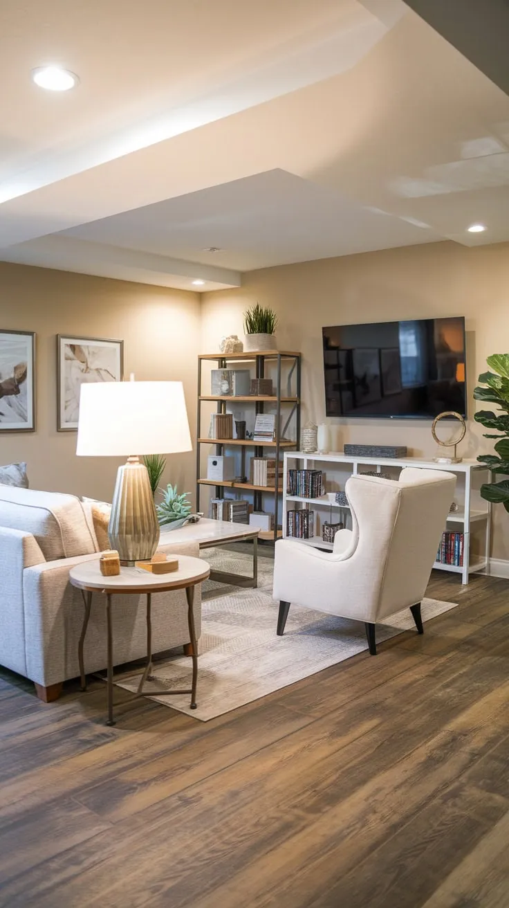 Cozy Basement Entertainment Room with Stylish Decor