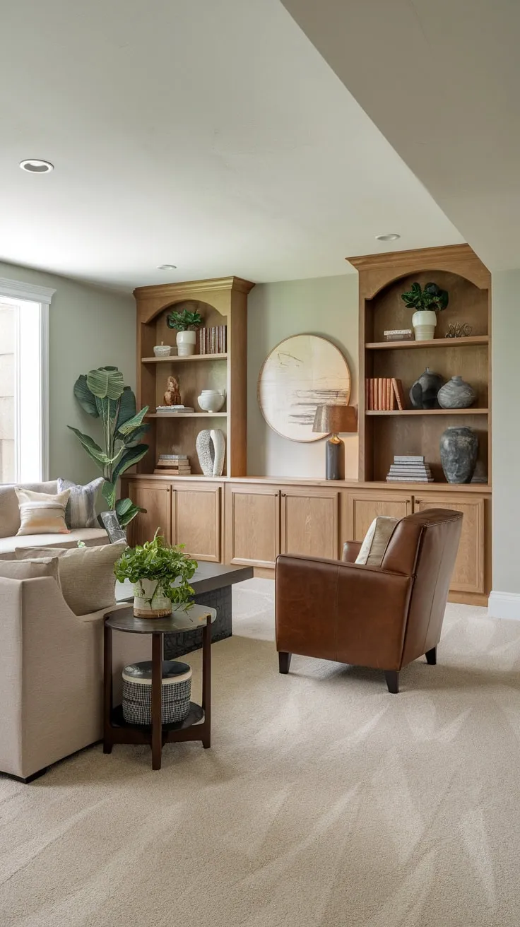 Cozy Basement Entertainment Room with Stylish Decor Elements