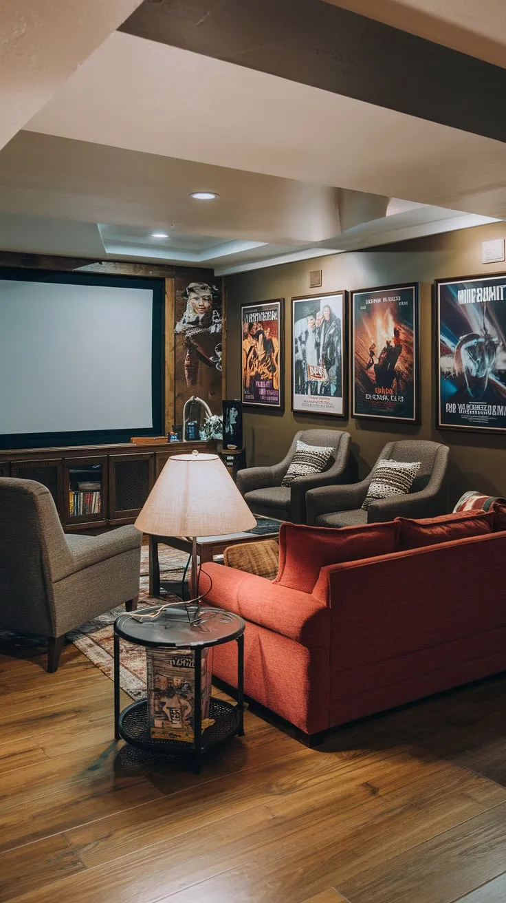 Cozy Basement Entertainment Room with Movie Screen Decor