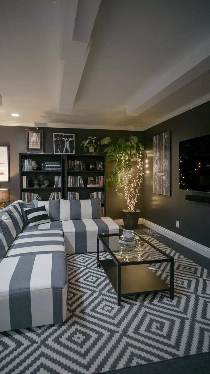 Stylish Dark-Themed Basement Entertainment Room with Comfort