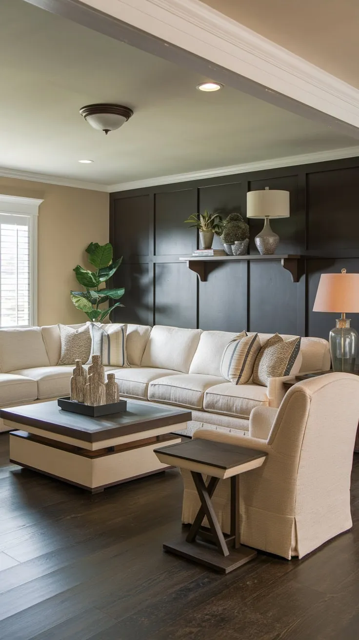 Cozy Basement Entertainment Room with Elegant Beige Accents