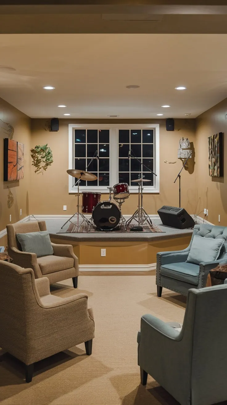 Cozy Basement Entertainment Room with Stage and Seating