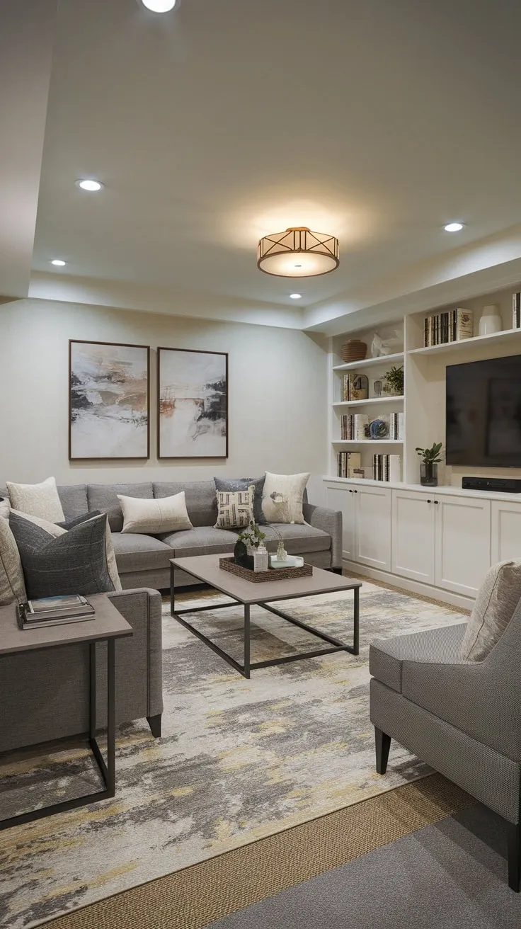 Stylish Basement Entertainment Room with Cozy Design Elements