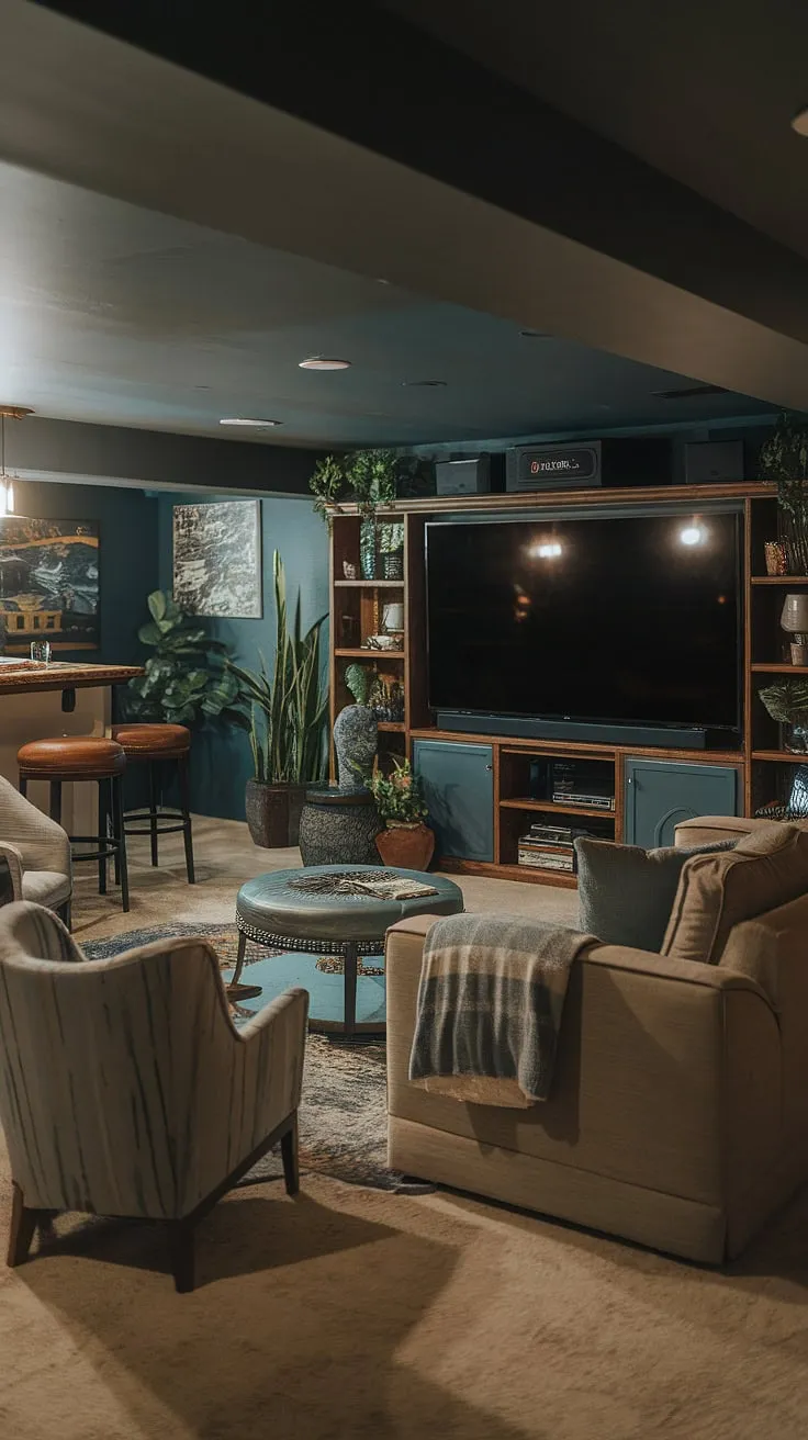 Escape to your own private sanctuary: this cozy basement entertainment room, complete with a home theater system, game room, and basement bar, offers the ultimate recreational space.  Unwind in the lounge area, enjoy movie nights in the home cinema, or gather with family in this versatile multimedia room—your perfect basement retreat.