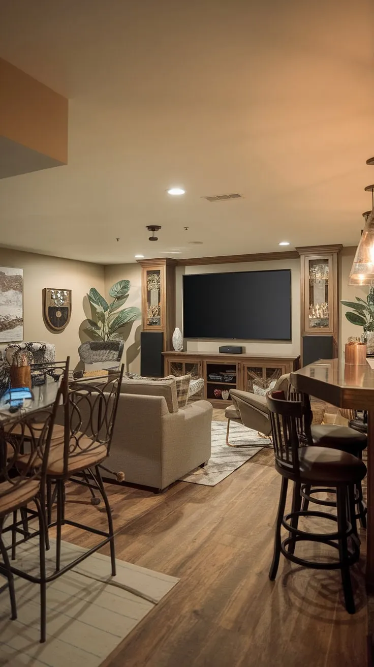 Unwind in this meticulously designed basement lounge, a true entertainment area boasting a state-of-the-art home cinema, a dedicated gaming area, and a convenient basement bar.  This audio-visual room, perfect for family gatherings, transforms your cozy basement into a versatile movie room and basement games room, offering endless entertainment space for everyone.  The perfect family room and basement retreat.