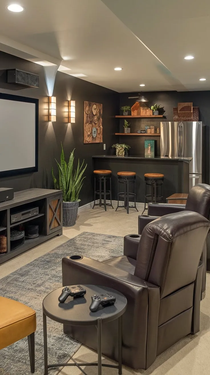 Unwind in this meticulously designed basement lounge, a true basement games room and movie room all in one.  The home entertainment system, complete with a large screen TV and comfortable lounge area, seamlessly integrates with the dedicated gaming area and basement bar. This entertainment area, or media room, offers a perfect blend of comfort and high-tech features, transforming your basement into a luxurious recreational space and family room.  It's the ultimate home cinema and  basement entertainment room.
