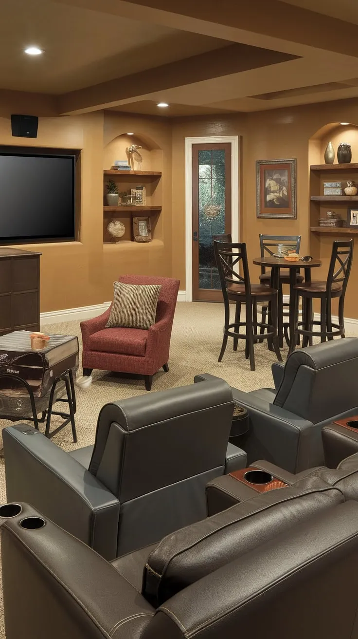 Unwind in this inviting basement entertainment room, your personal entertainment space.  This cozy basement features a stunning home cinema, a dedicated gaming area, and a convenient basement bar.  The media room is designed for ultimate relaxation, with a comfortable lounge area and ample space for games.  Perfect for family movie nights or game sessions, this basement games room is the ultimate recreational space and family room.  Enjoy the ultimate home theater experience in this audio-visual room.