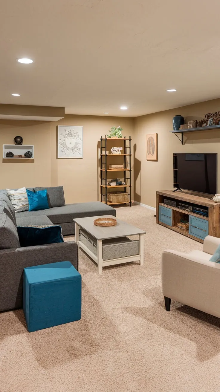 Cozy Basement Entertainment Room with Stylish Furnishings