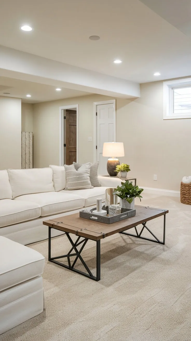 Stylish Basement Entertainment Room with Cozy Decor