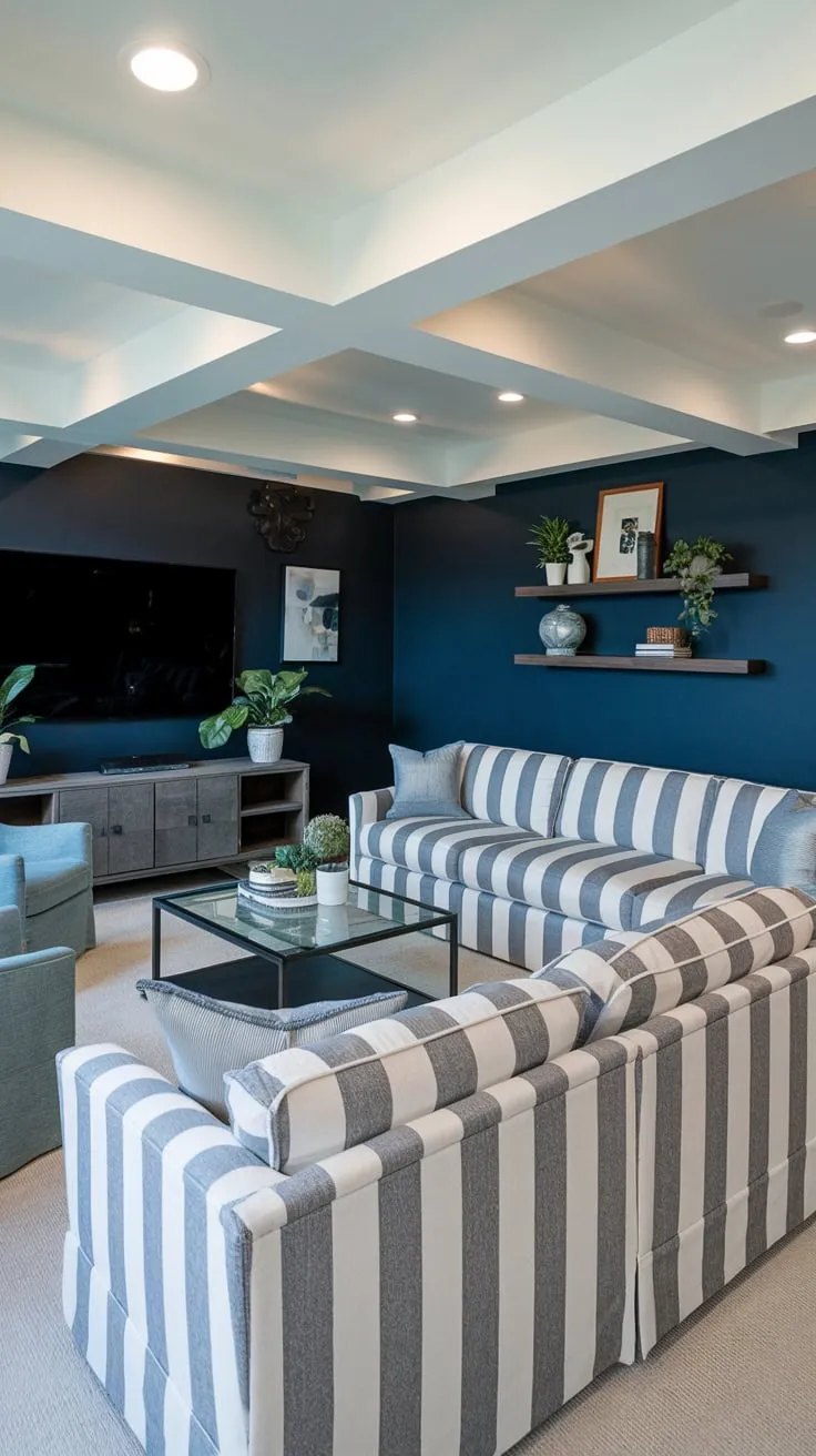 Stylish Basement Entertainment Room with Dark Blue Accents