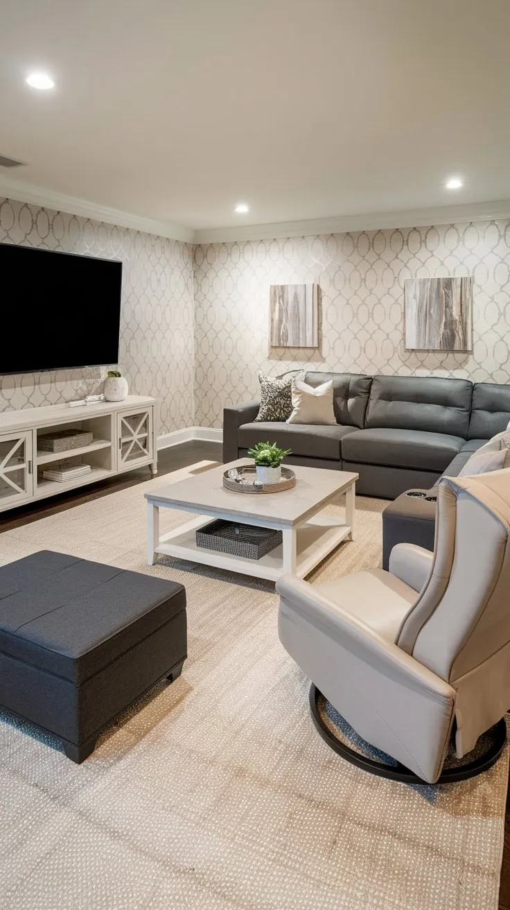 Cozy Basement Entertainment Room with Stylish Decor