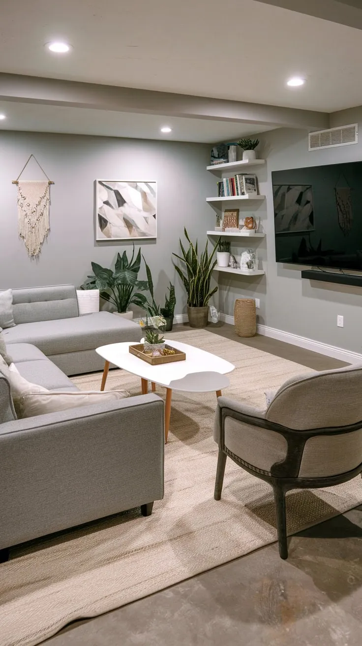 Cozy Basement Entertainment Room with Stylish Decor