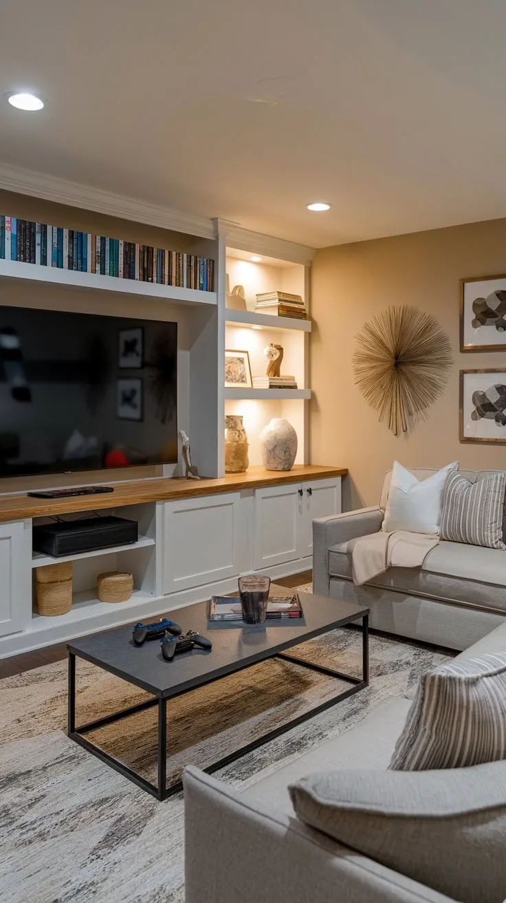 Cozy Basement Entertainment Room with Stylish Decor