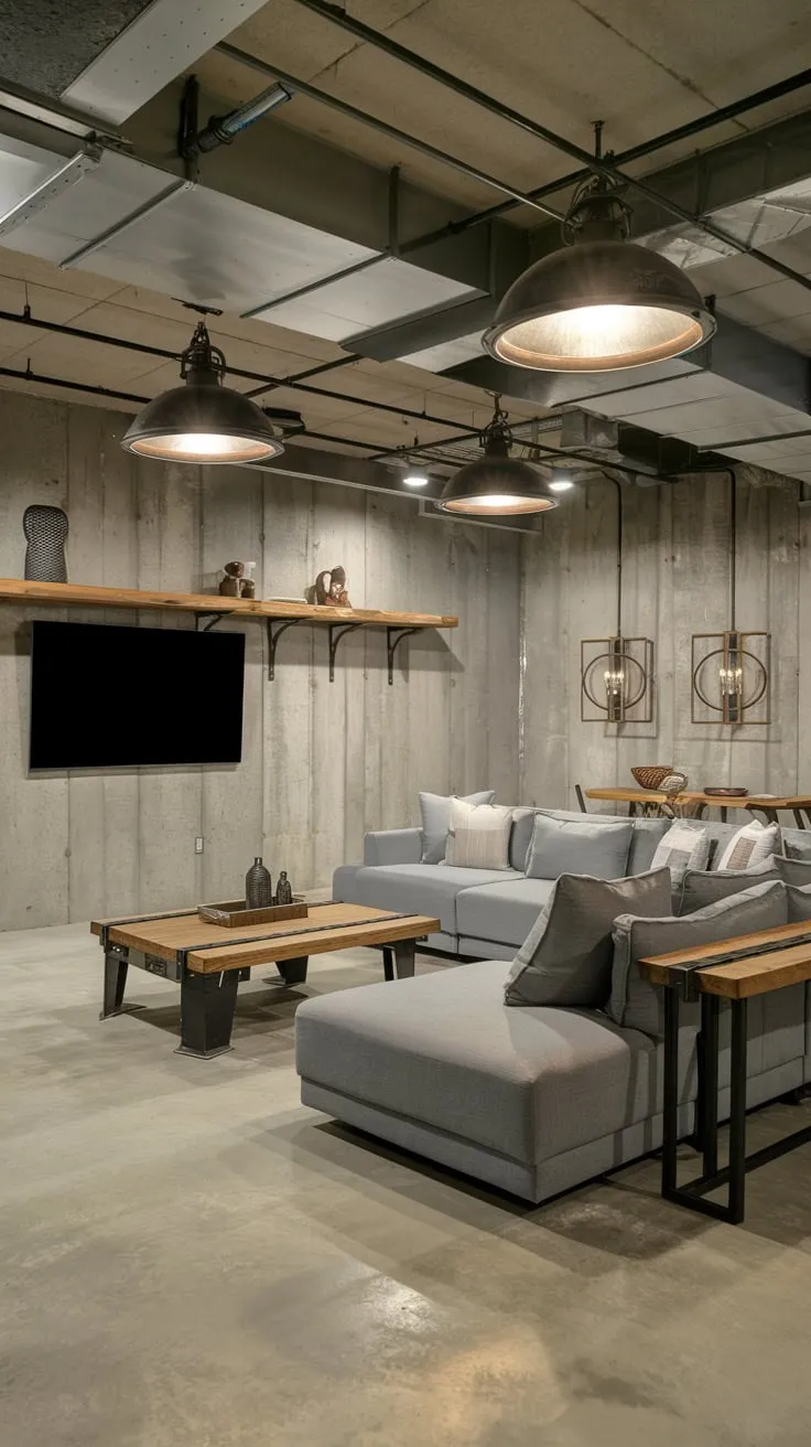 Modern Industrial Basement Entertainment Room with Stylish Decor