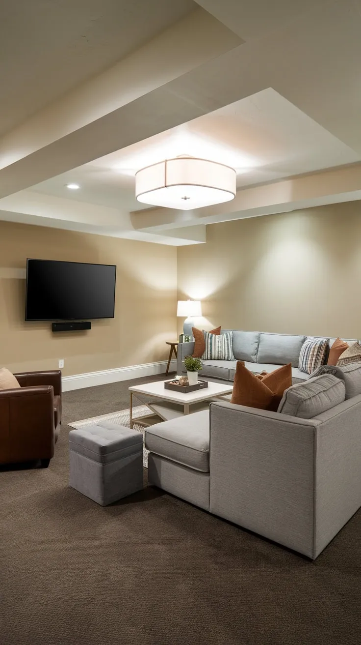 Cozy Basement Entertainment Room with Modern Comforts