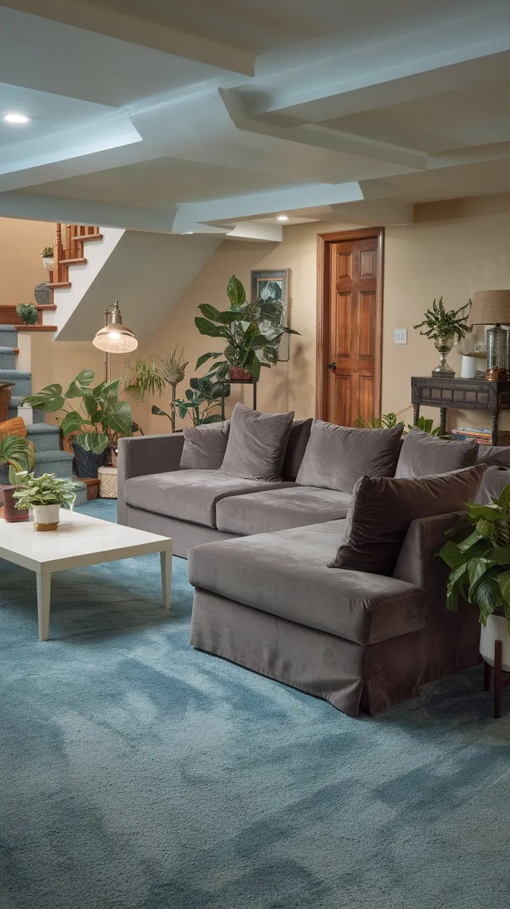 Cozy Basement Entertainment Room with Plush Blue Carpet