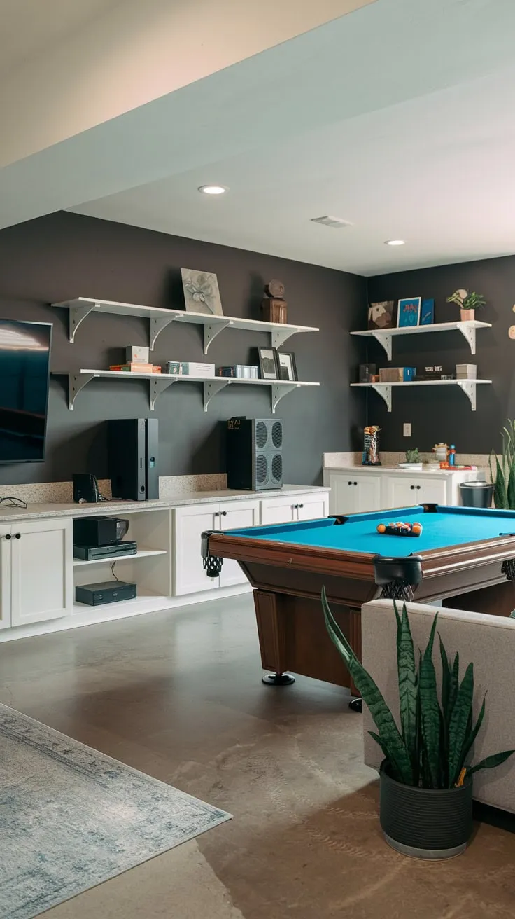 Stylish Basement Entertainment Room with Gaming and Relaxation