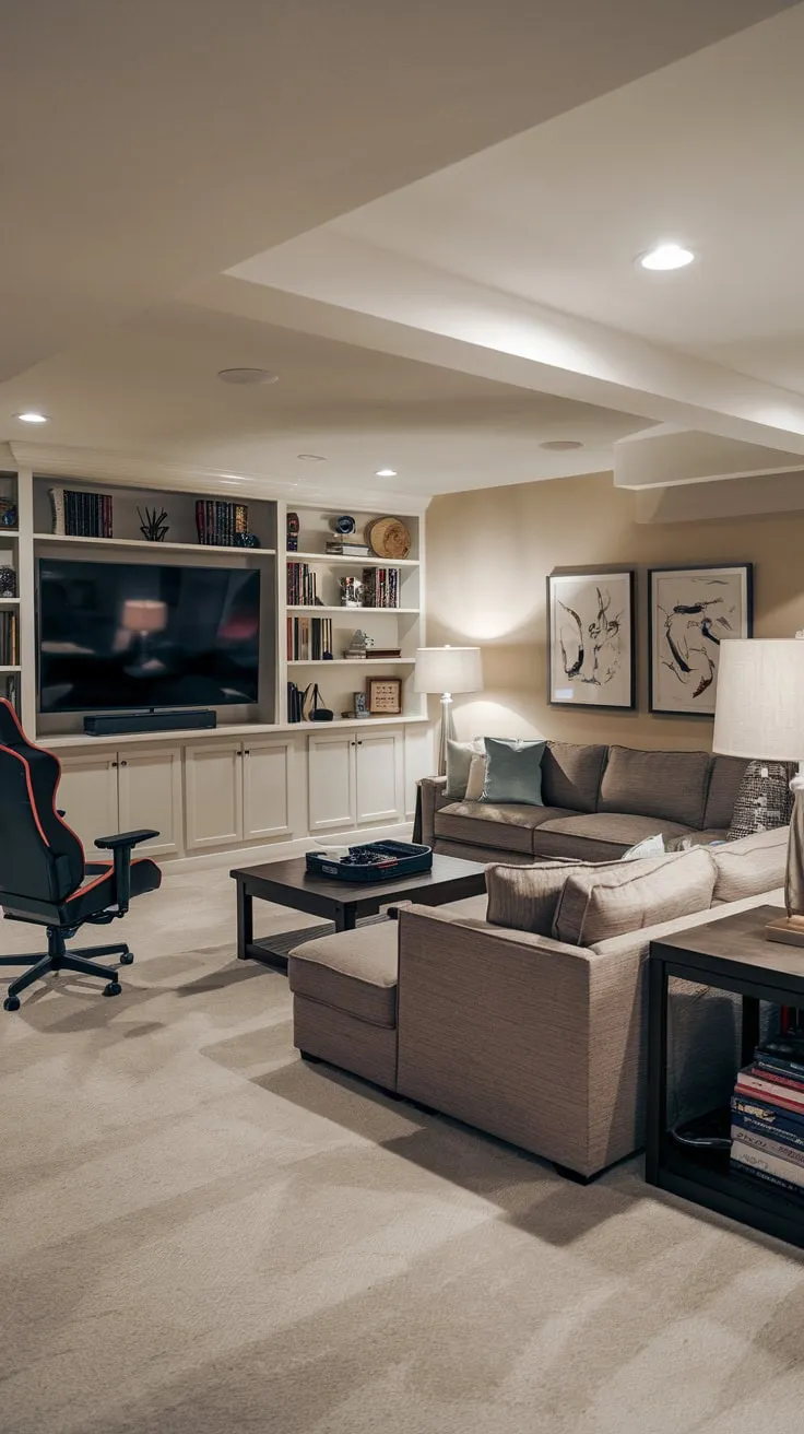 Cozy Basement Entertainment Room with Stylish Decor