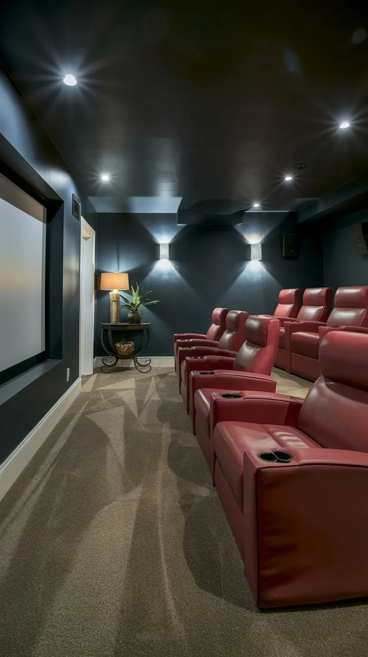 Cozy Basement Theater Room with Plush Red Seating