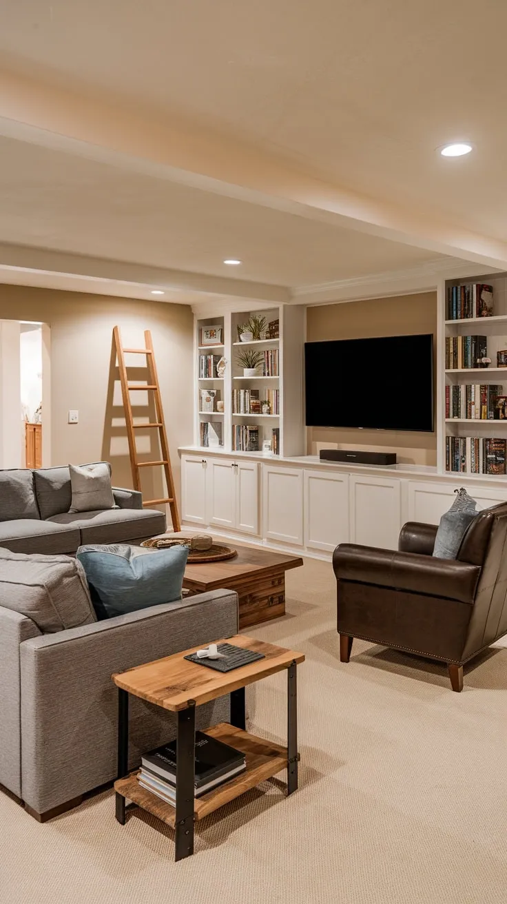 Cozy Basement Entertainment Room with Stylish Decor
