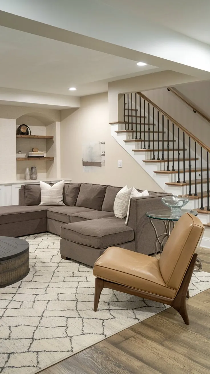 Cozy Basement Entertainment Room with Stylish Furnishings