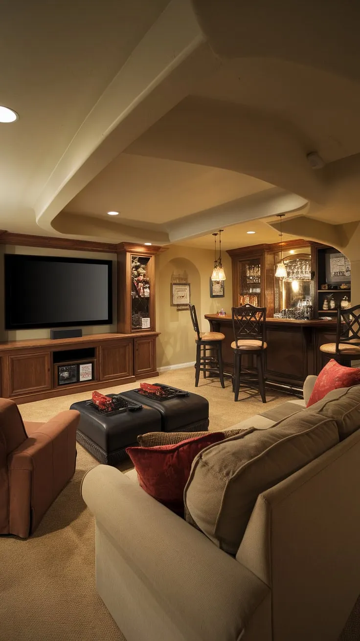 Escape the everyday in this cozy basement retreat, a perfect blend of home theater and game room.  The ultimate entertainment space, featuring a state-of-the-art home entertainment system, comfortable lounge area, and even a basement bar for movie nights and family game time. This multimedia room, or basement games room as we like to call it, is the ideal recreational space and family room.