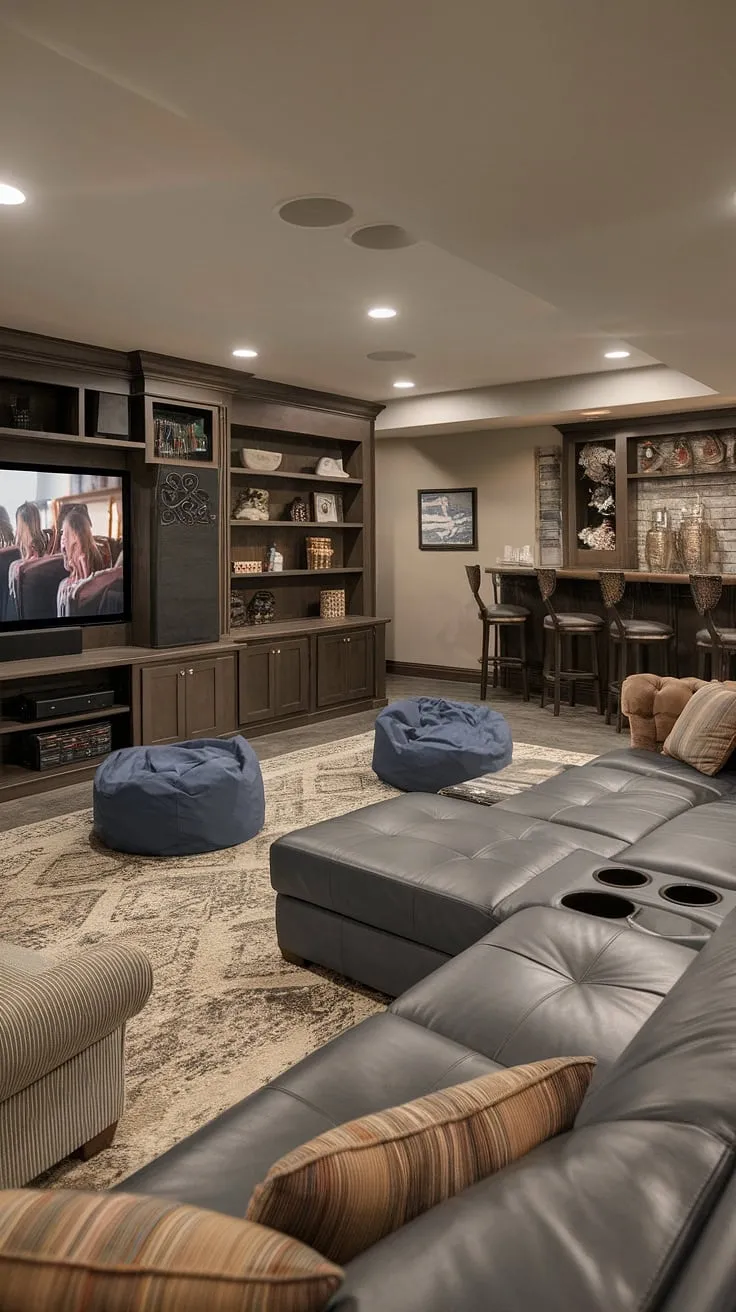 Escape the everyday in this cozy basement retreat, a multifaceted entertainment space boasting a home theater, game room, and relaxing lounge area.  The ultimate multimedia room, complete with a home entertainment system, bar, and ample seating, makes this basement entertainment room the perfect family room and gaming area for endless fun.