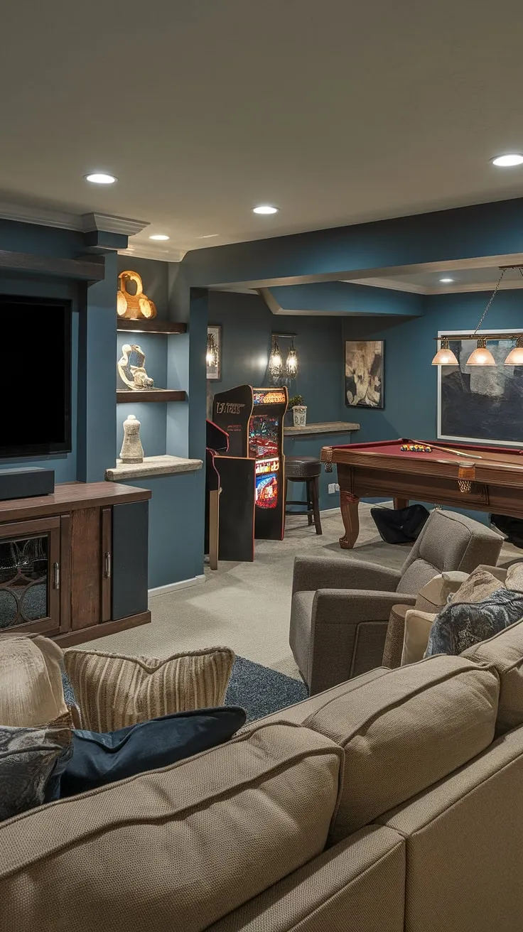 Unwind in your own private entertainment space. This basement entertainment room seamlessly combines a home cinema with a vibrant game room, creating the ultimate recreational space.  The audio-visual room features a stunning home theater, plush seating, and a fully stocked basement bar.  Enjoy movie nights in the media room, friendly competition in the gaming area, or simply relax in the cozy basement lounge. This basement games room is the perfect family room and a true basement retreat.  It's your personal entertainment area, a multimedia room designed for ultimate relaxation and fun.