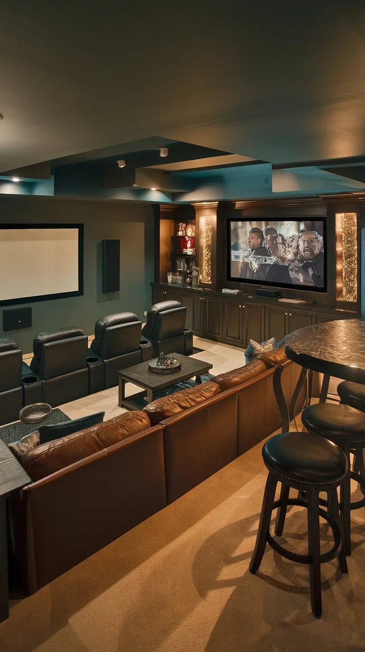 Unwind and unleash your inner child in this incredible basement games room.  This basement lounge boasts a stunning home cinema, a fully equipped gaming area with multiple consoles, a comfortable lounge area for movie nights, and a convenient basement bar.  Transform your basement into a spectacular media room, a perfect entertainment space and family room, offering the ultimate blend of home theater and recreational space. This cozy basement is your personal entertainment area, a true basement retreat.