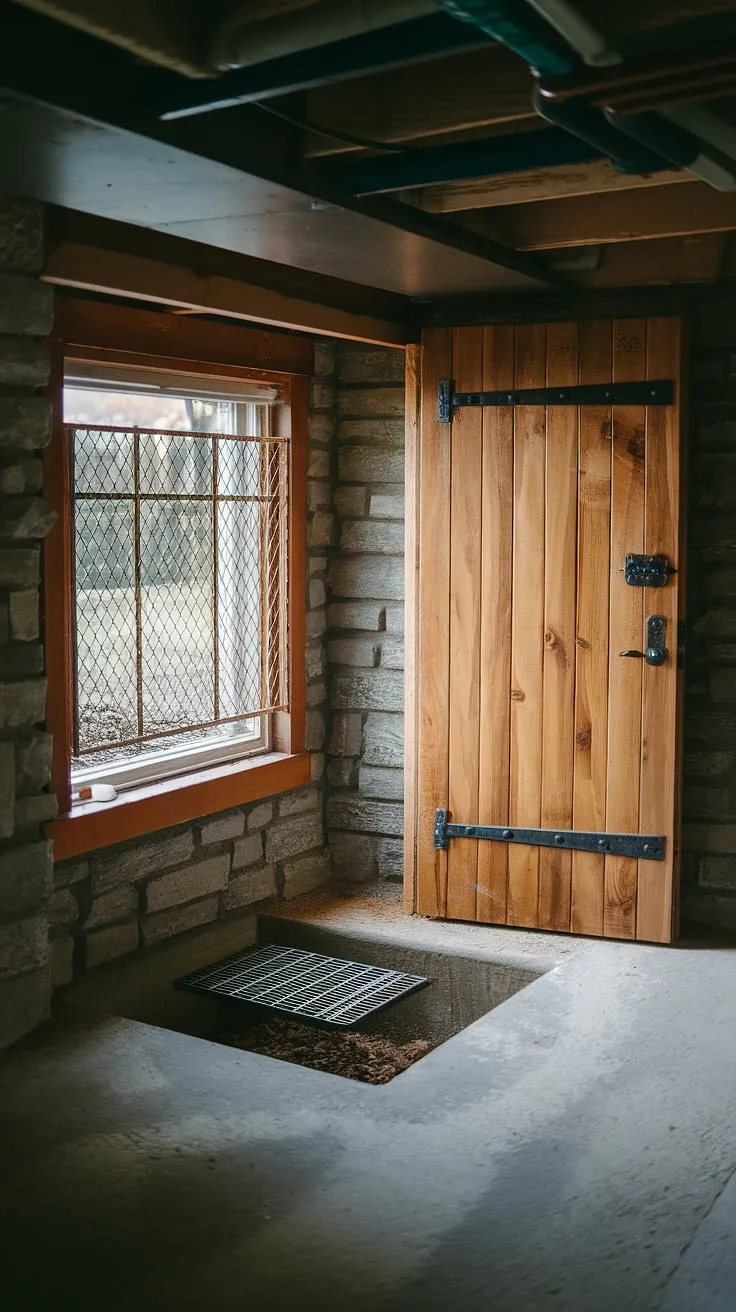 The dimly lit stone walls and concrete floor hint at the potential of this basement conversion. A sturdy wooden door marks the basement entrance, while a nearby basement egress window, complete with metal grate and soil-filled window wells, ensures a safe and compliant escape route. This basement redo is already showing promise.