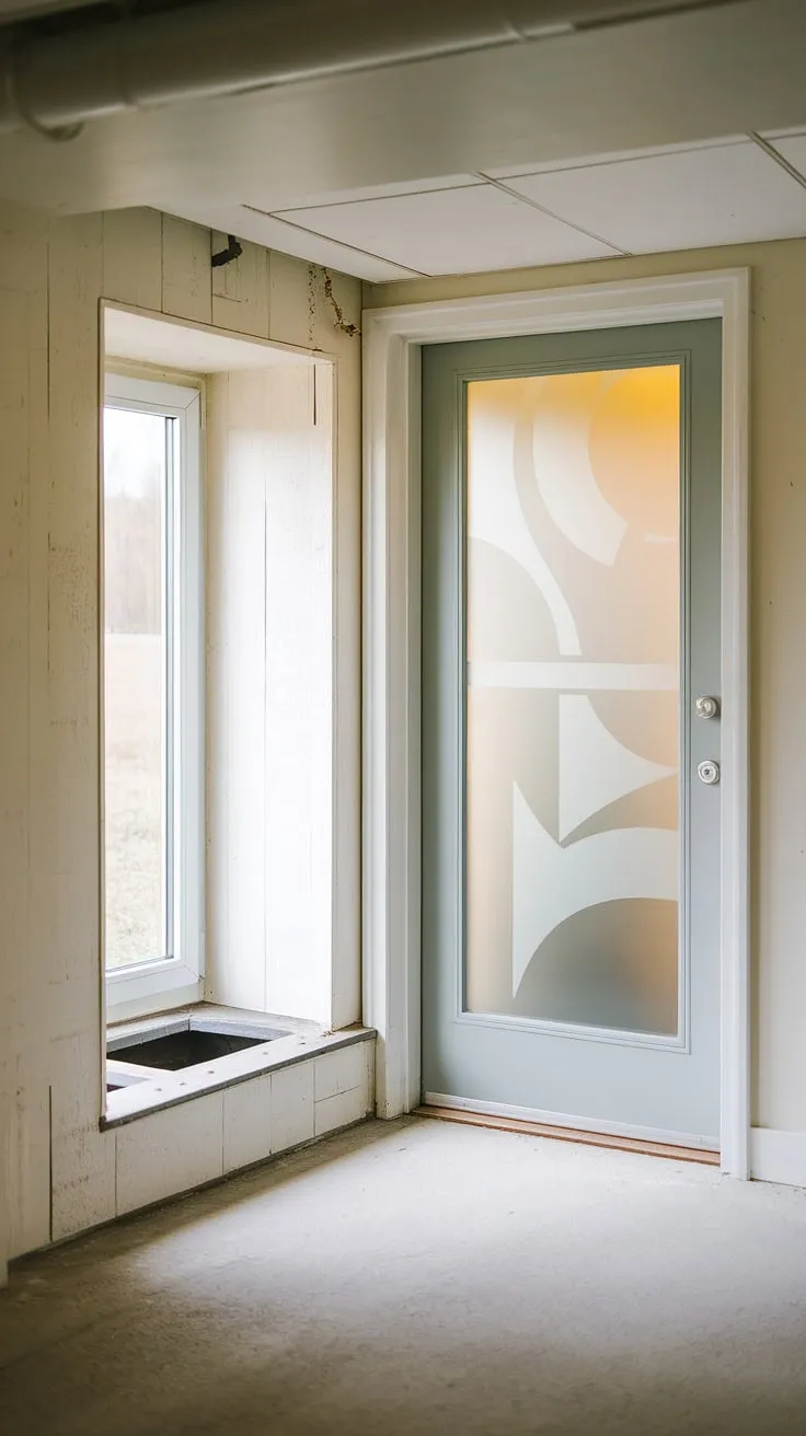Sunlight streams into this bright and airy basement entrance, highlighting the recently installed basement egress window and its accompanying window well. The frosted glass window in the basement doors adds privacy while letting in natural light, suggesting a thoughtful basement conversion or basement redo. A few stray nails on the wall hint at the ongoing work, but the overall impression is one of clean, functional design.