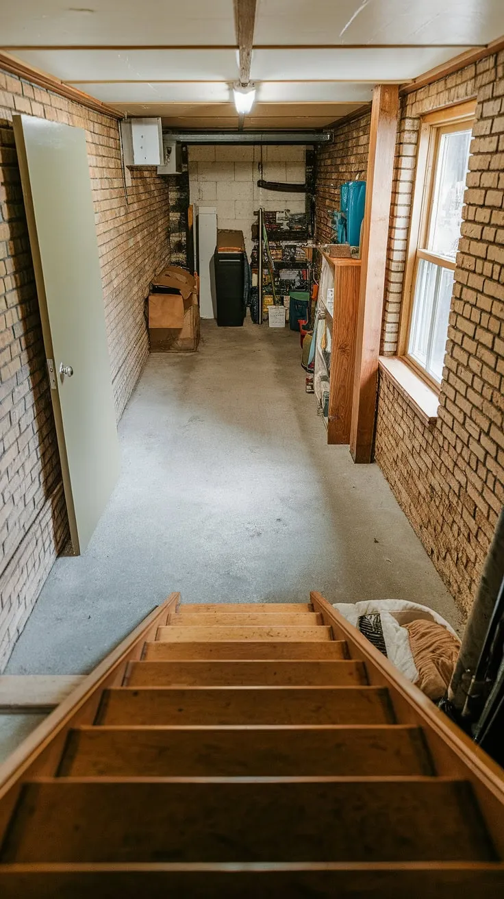 A well-lit basement egress, showcasing a charming wooden staircase, basement doors, and a strategically placed basement window with window wells. Perfect for a basement conversion or a simple basement redo.