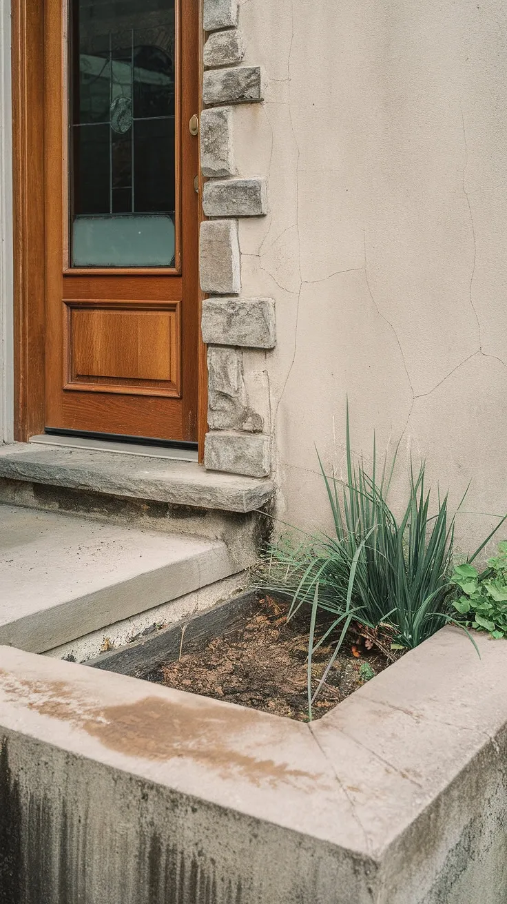 A forgotten basement entrance, its basement egress window partially obscured by dirt-filled window wells. This basement window and weathered basement doors beg for a basement conversion, a chance to reclaim this space.
